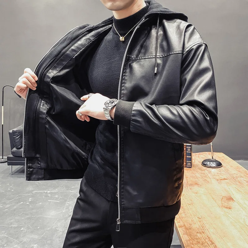 

Autumn Winter Boys Hooded Leather Coat Men Fashion Motorcycle Jacket Oversize Korean Black Loose PU Zipper Outerwear M-3XL