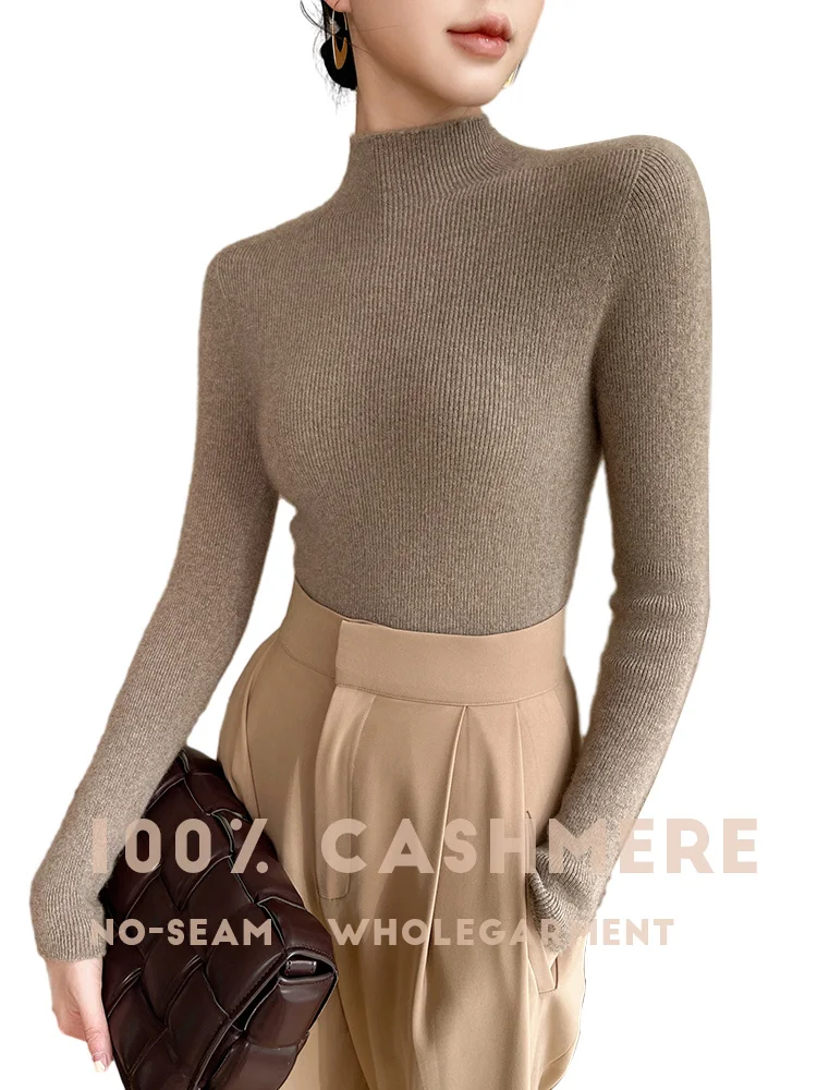 

Women Half High Collar 100% Cashmere Ribbed Pullover No-Seam Unibody Soft Autumn Winter Basic Mock Neck Sweater Slim Jumpers