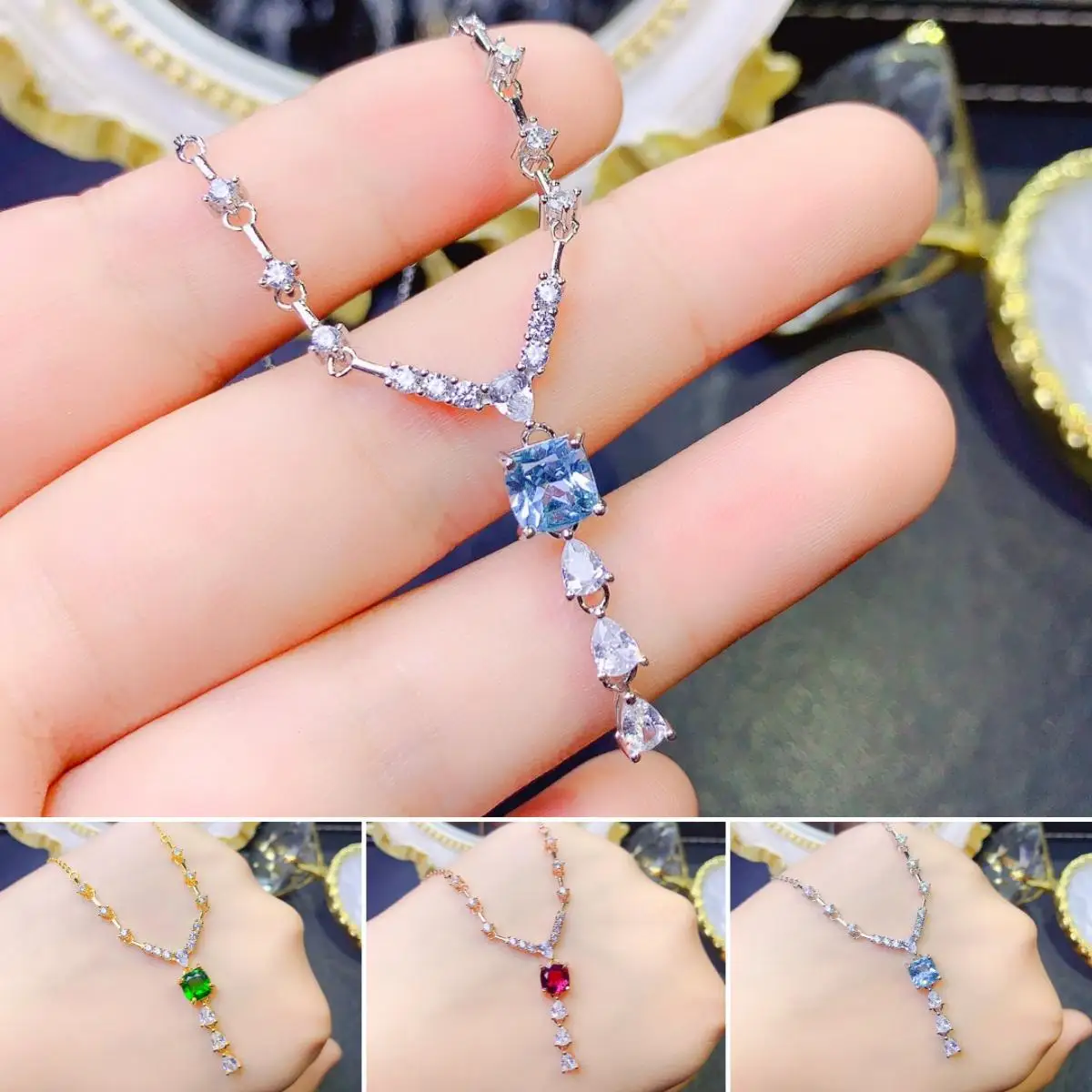 

FS 5*5 Natural Garnet/Topaz/Diopside S925 Pure Silver Long Pendant Necklace Fine Fashion Wedding Charm Jewelry for Women MeiBaPJ