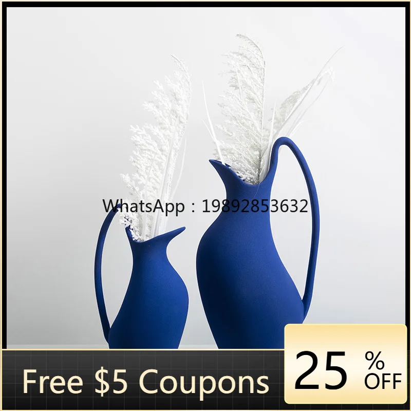 

YFY Creative Blue Ceramic Vase with Handle for Dried Flowers and Flower Arrangements for Home Living Room