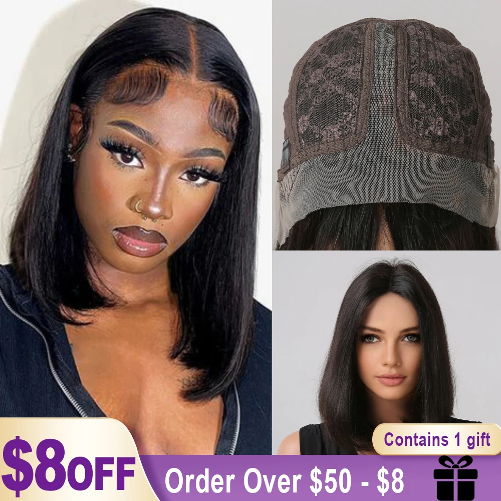 Short Straight Human Hair Wigs Black Bob Transparent Lace Front Wigs for Brazilian Afro Women Pre Plucked Remy Human Hair Wigs