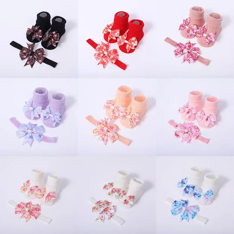 Baby Girl Headbands Socks Set Floral Bow-knot Newborn Baby Sock Headband Cute Elastic Hair Bands Hair Accessories