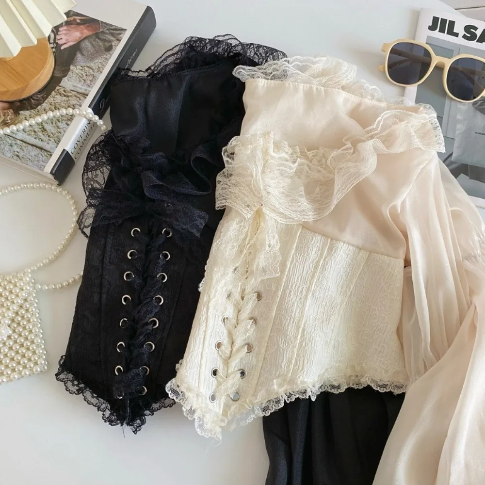 

French Court Style Mesh Ruffled Lace Chiffon Tops Lace Patchwork Chiffon Blouse Embroidery Puff Long Sleeve Lace-up Shirts Women