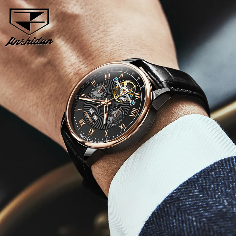 ساعة JSDUN 8919 للرجال بحزام جلدي ساعة ميكانيكية أصلية متعددة الوظائف للأعمال ﻿   ساعات مقاومة للماء لهدايا الرجل