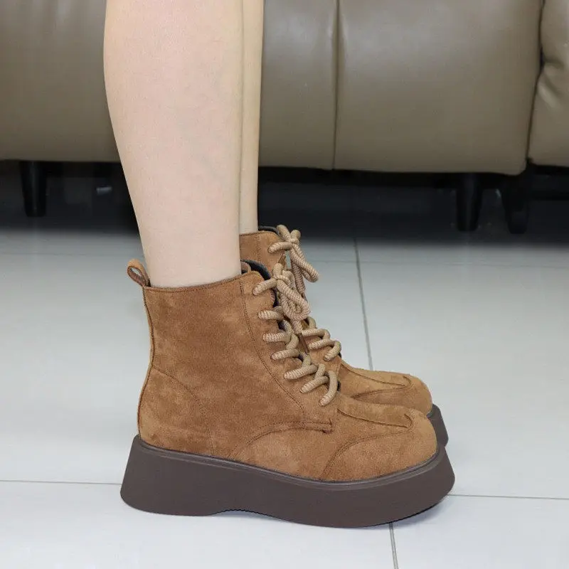 Vintage Brown Boots Women Autumn Winter 6cm Platform Chunky Ankle Boots Fleece Lined Warm Short Boots