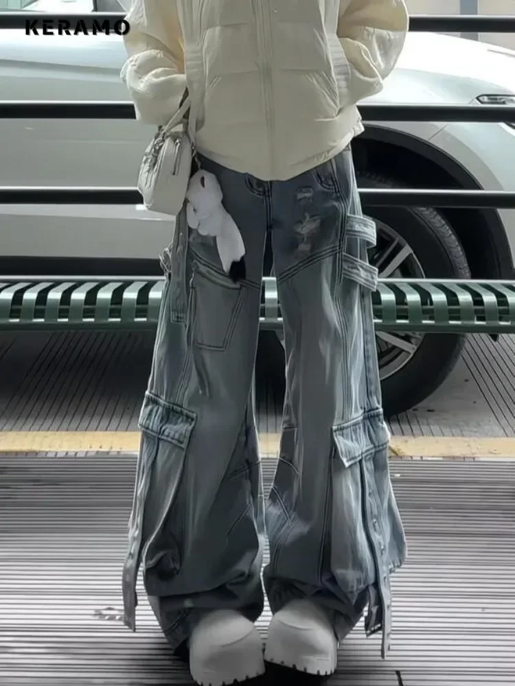 

2025 Spring Vintage Light Blue Harajuku Jeans Women's Casual Mopping Full Length Pants Y2K Lace-up Street Baggy Denim Trouser