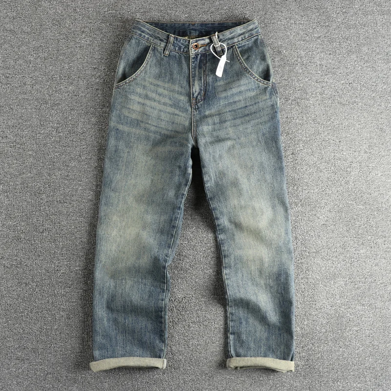 

Fashion Back Pocket Design Retro Blue Jeans Men Loose Straight High Street Trend Street Wide Leg Long Pants