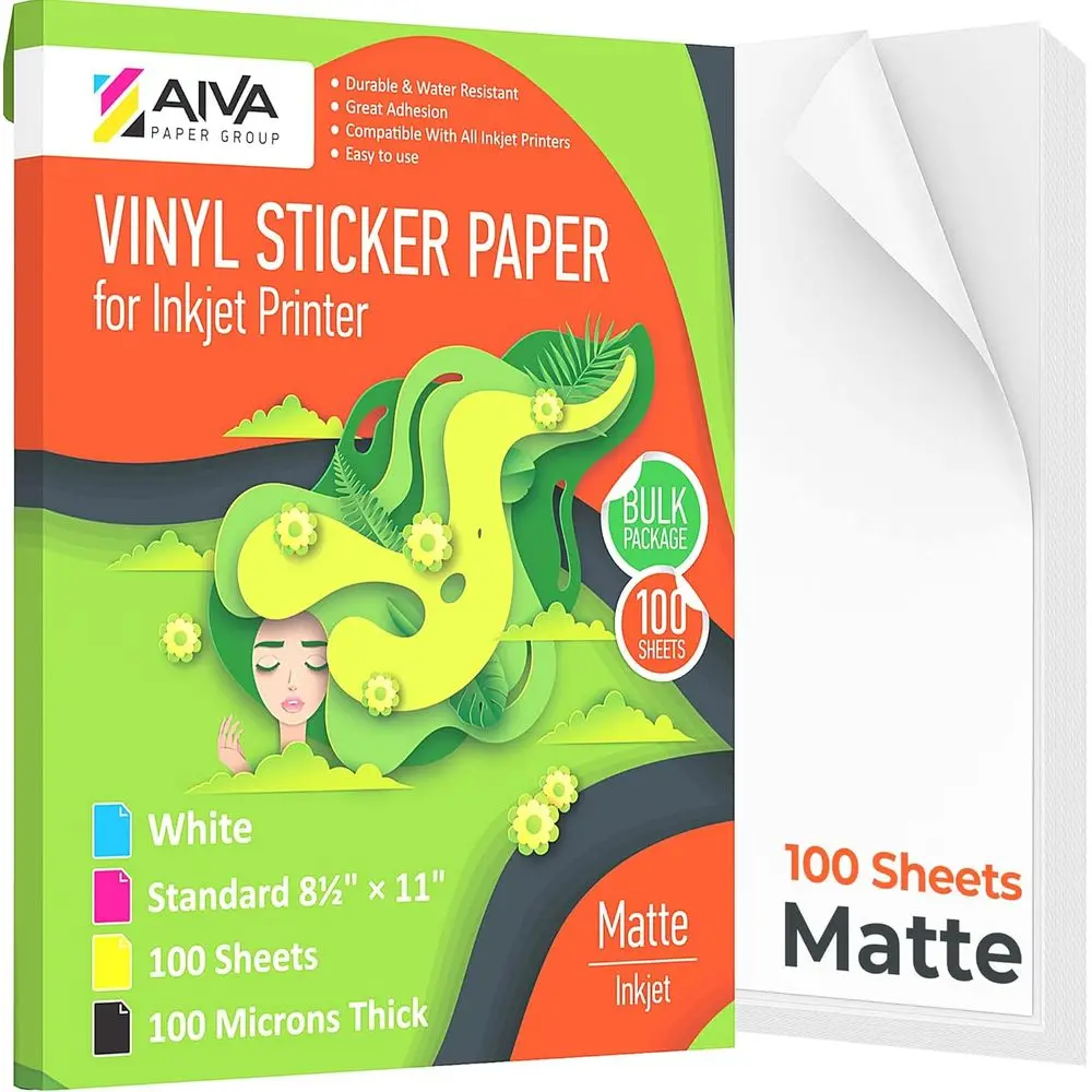 

Matte White Self-Adhesive Vinyl Sticker Paper - 100 Waterproof Letter-Size Sheets for Inkjet Printers