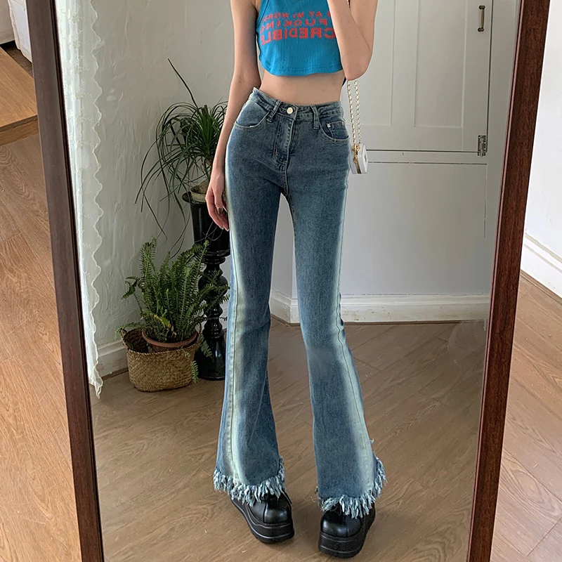 High Waist Stretch Color Gradient Contrast Fringe Raw Hem Flare Jeans for Women, Harem Long Pants