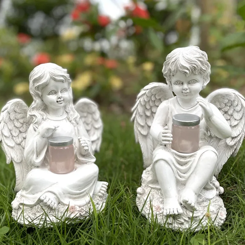 White Garden Girl Angel Ornaments Home Courtyard Solar Young Men Resin Decorative Statue Crafts