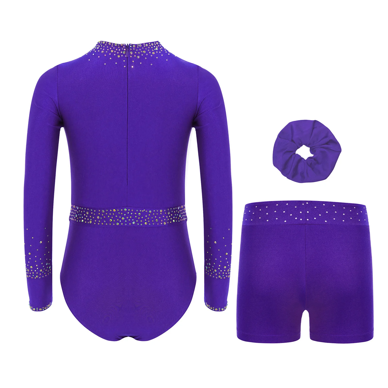 Kinderen Meisjes Gymnastiek Ballet Lyrische Dans Outfit Ronde Hals Lange Mouw Uitsparing Voorkant Glanzende Steentjes Turnpakje + Shorts + Hoofddeksels