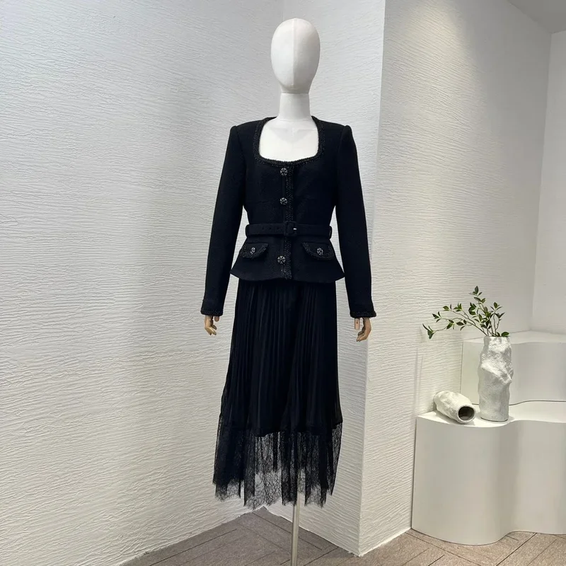 Black New 2024 High Quality Tweed Jacket Patchwork Pleat Ruched Long Sleeve Belted Women Midi Dress