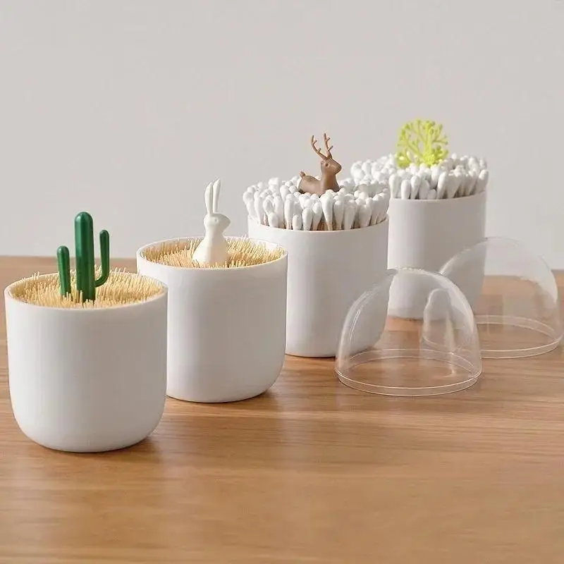 2026 Creative Toothpick Holder Plastic Cotton Swab Holder With Cute Mini Cactus Trees Rabbit Table Accessories Home Decor