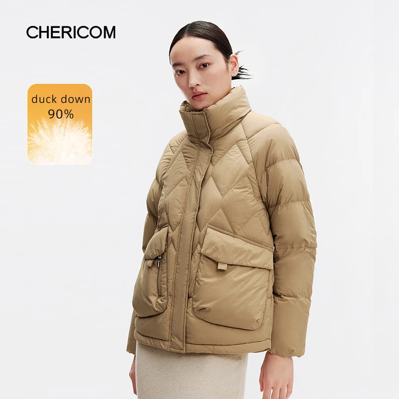 Chericom 2024 Winter Stand-Up Collar Short Women's Down Jacket Duck Down Windproof Puffer Coats Fashion Casual Warm Coat 289165