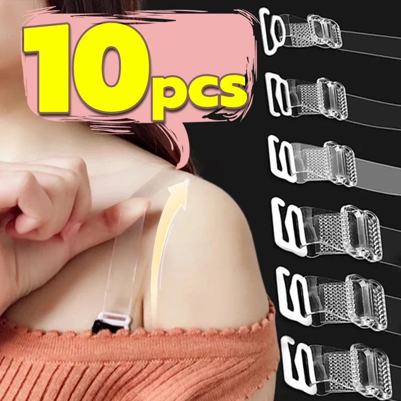 10pcs Non Slip Metal Buckle Bra Straps Belt Women's Elastic Transparent Silicone Adjustable Invisible Intimates Strap Accessory