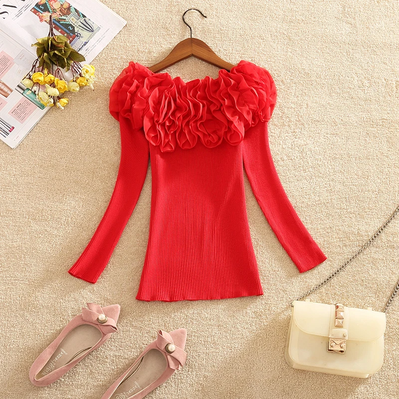 Sexy Slim Fit Knitted Shoulder Bared One Shoulder Top Long Sleeve Base Shirt for Women Trendy Autumn Winter Sweater Sweet Style