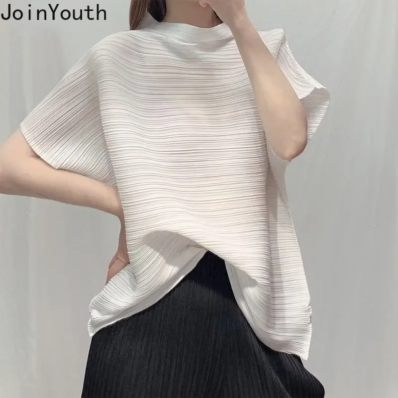 Blouse for Women Stand Neck Short Sleeve Folds Shirts 2023 Blusas Mujer De Moda Loose Fashion Korean Summer Blouses Tops 27o654