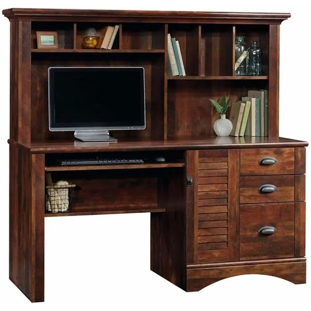 

Cherry-Toned Engineered Wood Desk with Storage Hutch