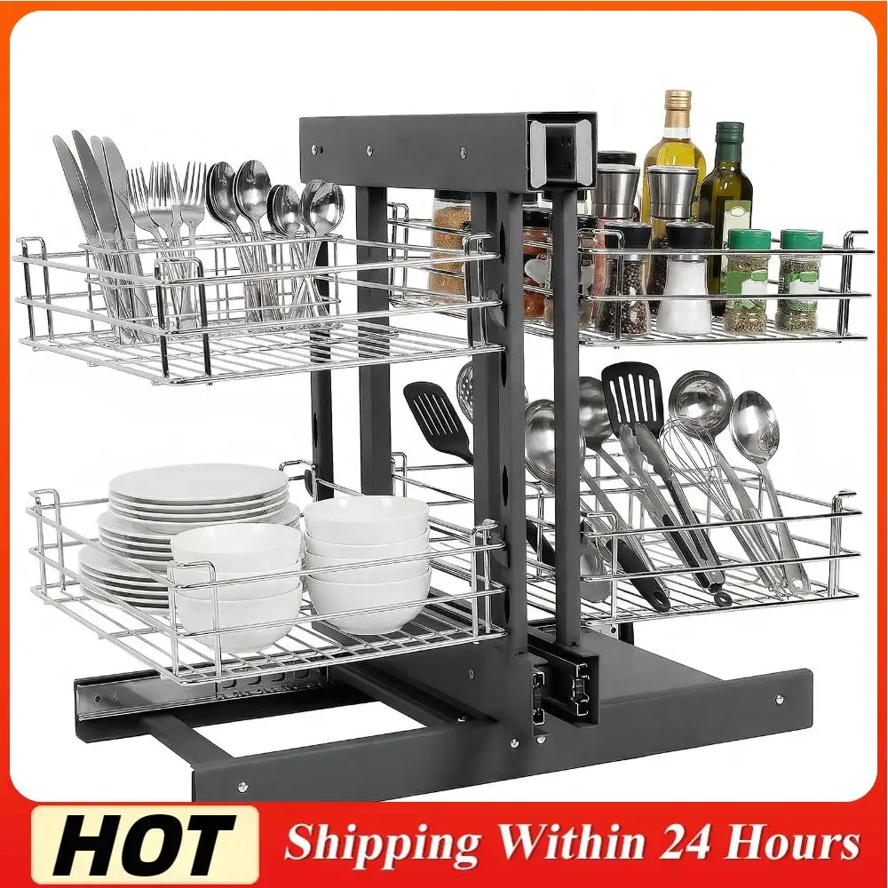 

Dual Tier Pull-Out Basket Left Open & Right Open Compatible Wall Mounted Pantry Storage for Blind Corner Kitchen Or Bathroom