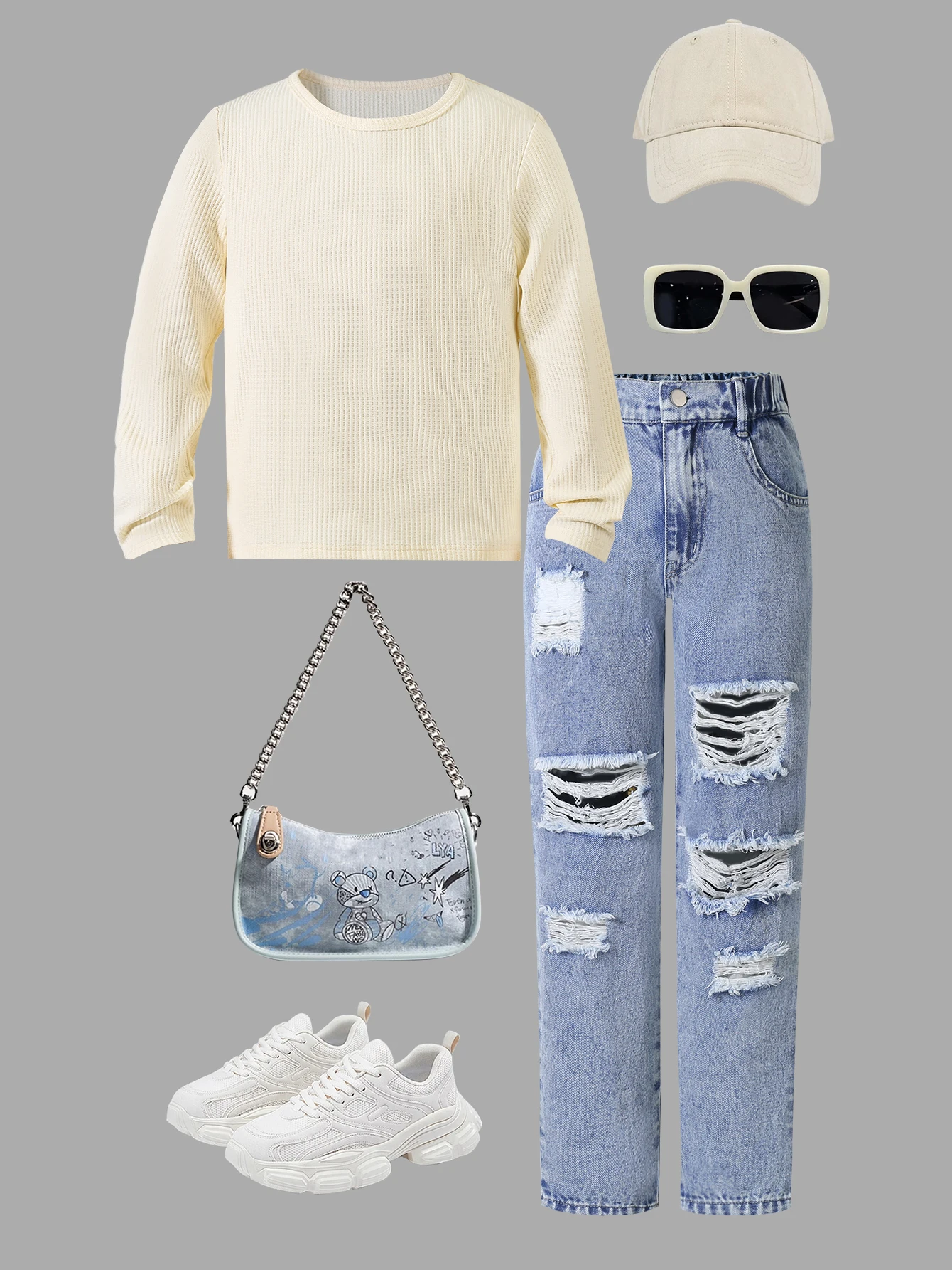 

2025 New Big Girls Jeans Girls Dad Pants Summer Ripped Straight-Leg Pants Tapered Large Ripped Long Pants