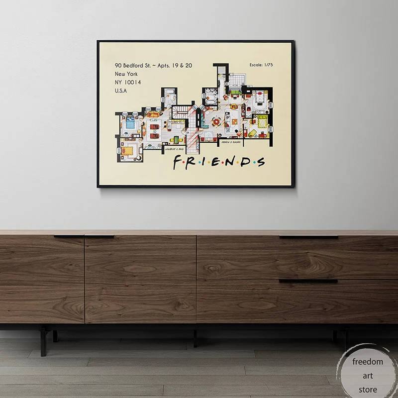 Vintage Floor Plan Friends Tv Series Apartment 19 & 20 Chart Art Posters Canvas Painting Wall Prints Picture for Room Home Decor