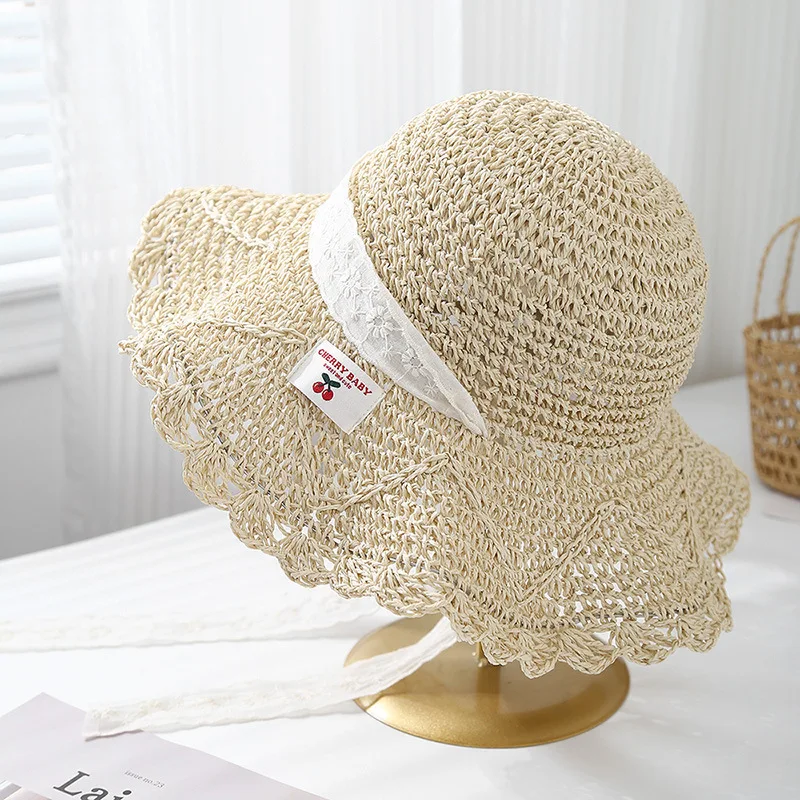 

Summer women's Lace Bow Straw Hat Sun Protection Wide Brim Beach Bucket Hat For Outdoor Travel Casual Adjustable Foldable New