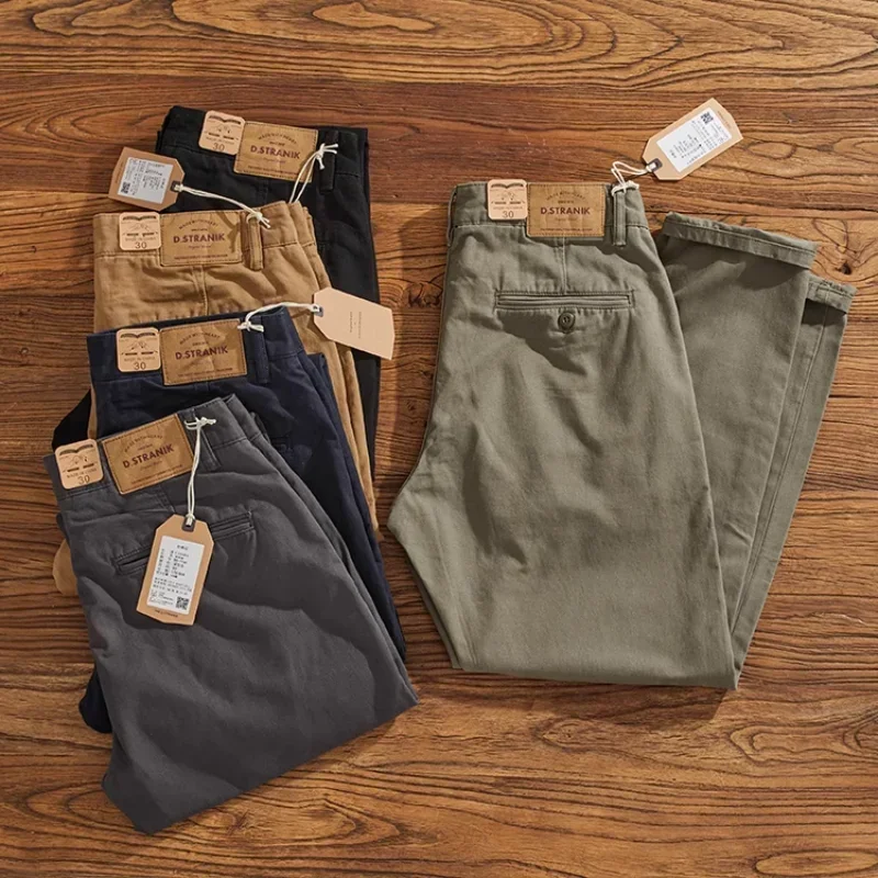 May Khaki American retro simple cargo pants men's heavy chino casual pants straight leg all matching tapered pants