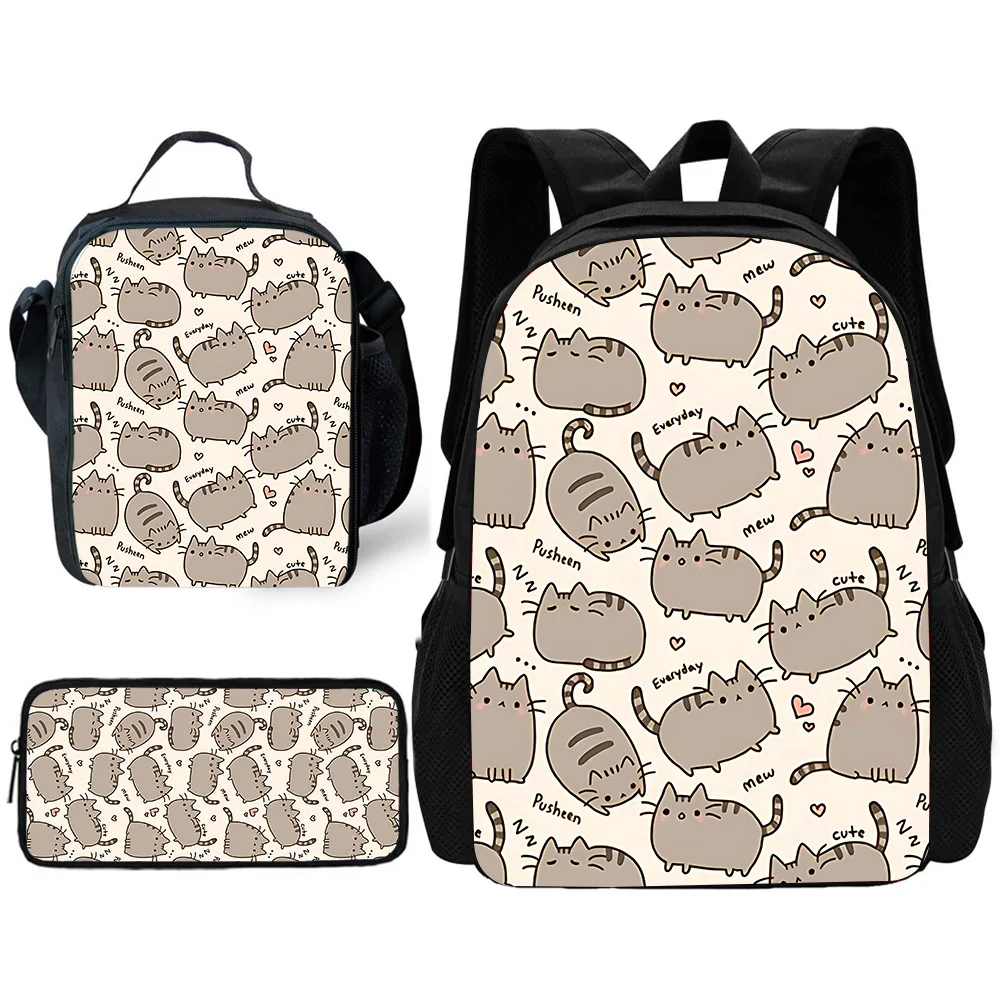 Child School Anime Kawaii Pusheens cats Backpack with Lunch Bags ,Pencil Bags ,School Bags for Boys Girls Best Gift
