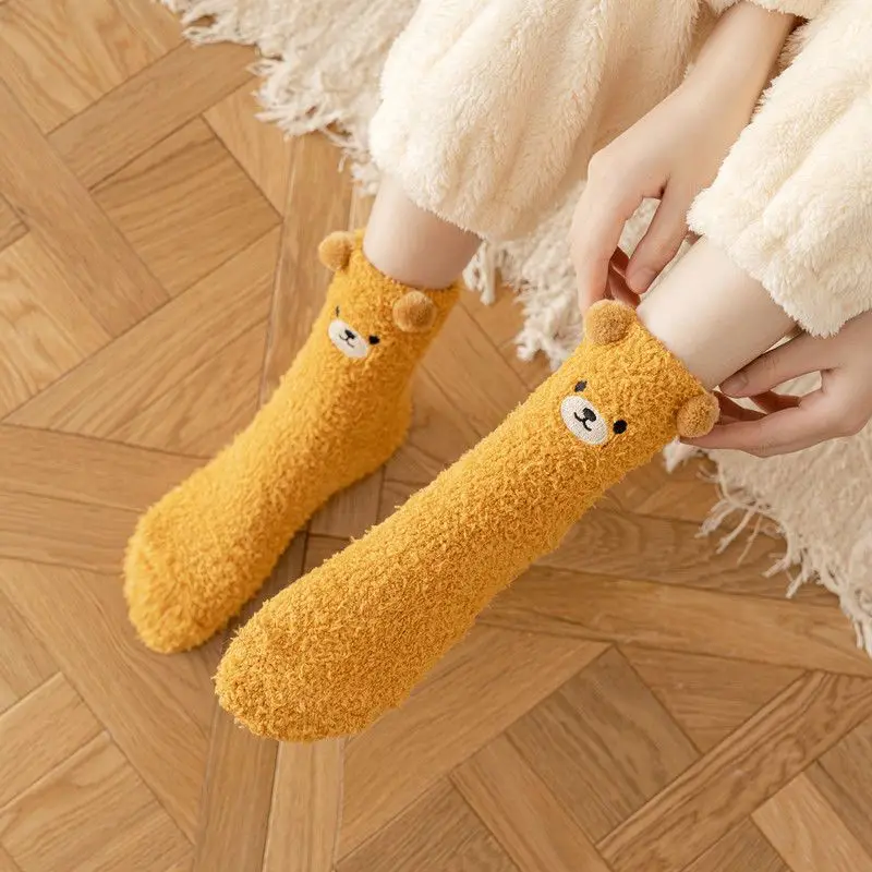 Kawaii Rilakkuma Fuzzy Socks Japanese Anime Cartoon Cute Coral Fleece Mid Tube Socks Adding Velvet Thickening Warm Socks Gifts