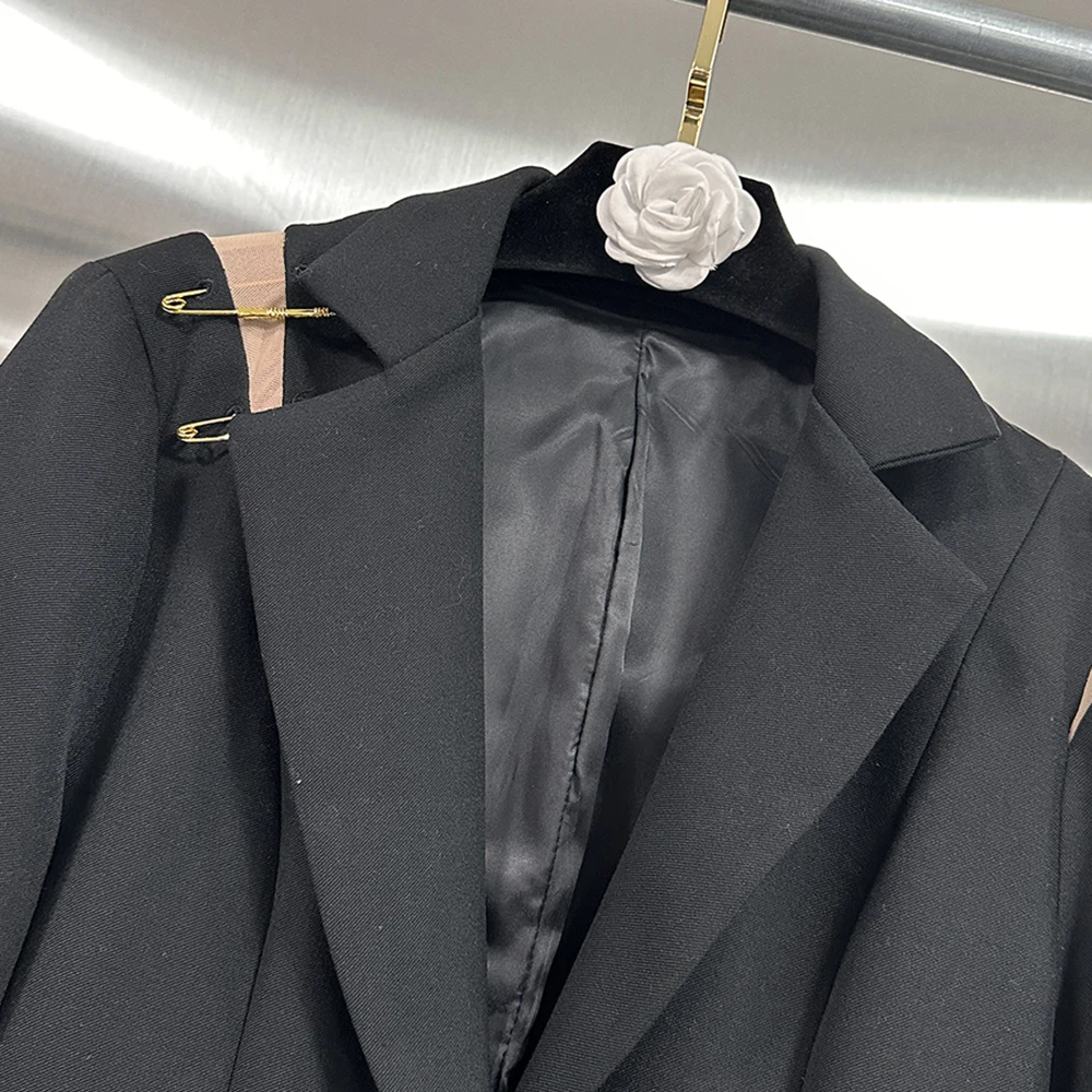 CHICEVER الراقية شيك تقسم مشبك معدني الحلل للنساء محززة طوق كم طويل المرقعة شبكة سبليت معاطف الإناث نمط #3