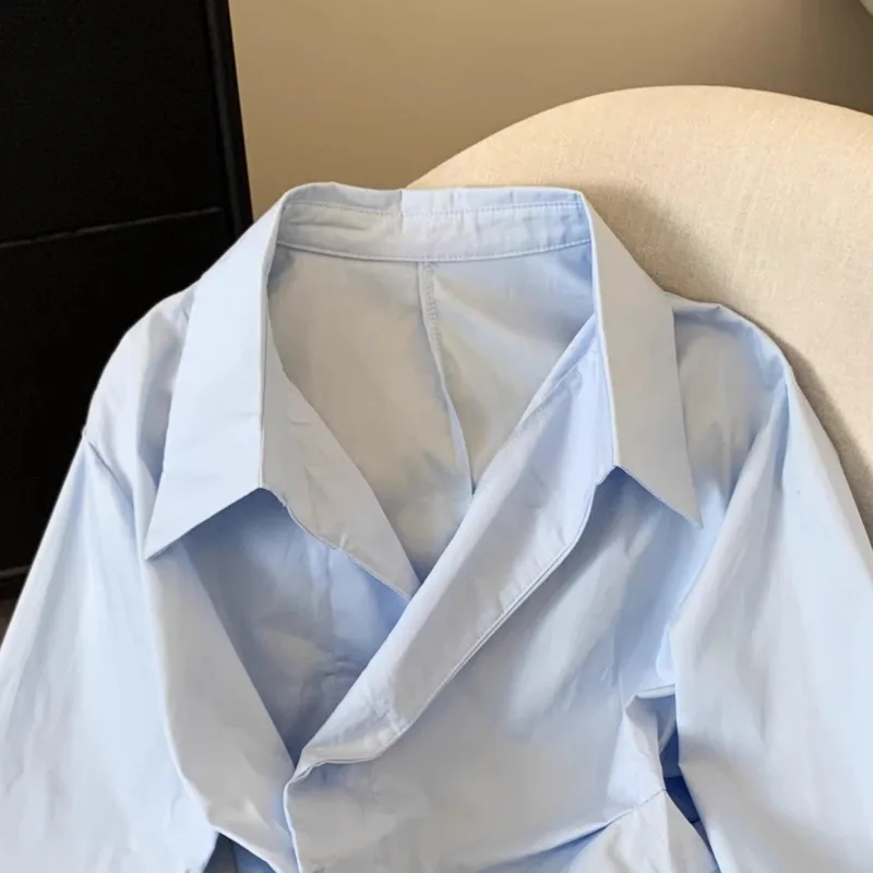 HKSH Spring Autumn New Women Shirt Long Sleeve Turn-down Collar Irregular Waist Cinching Solid Color Elegant Tide Blouse HK17221