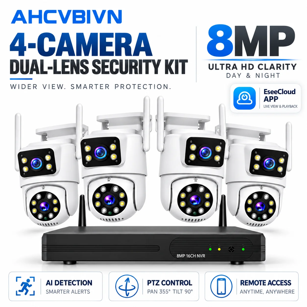 16CH 8MP 4K PTZ Camera NVR Security System Dual Lens Ultra Wide Angle Two-Way Audio AI Human Tracking Outdoor WiFi CCTV Kit
