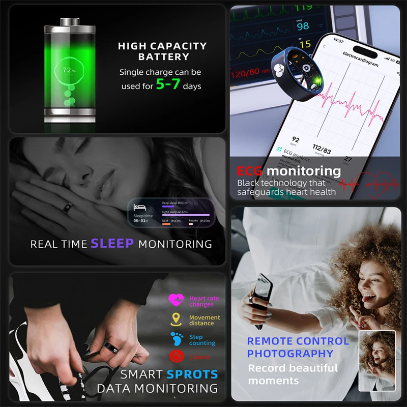 Multifunzionale 24/7 Health Fitness Tracker Anelli intelligenti per le donne Uomini Monitoraggio ECG Sonno Frequenza cardiaca Telecomando per