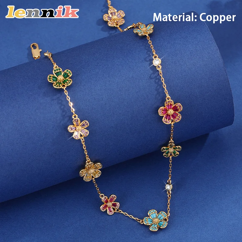 Five-Petal Flower Collar Necklace, Micro-Set Zirconia with Vintage Electroplated Finish, Minimalist Dainty Jewelry for Women