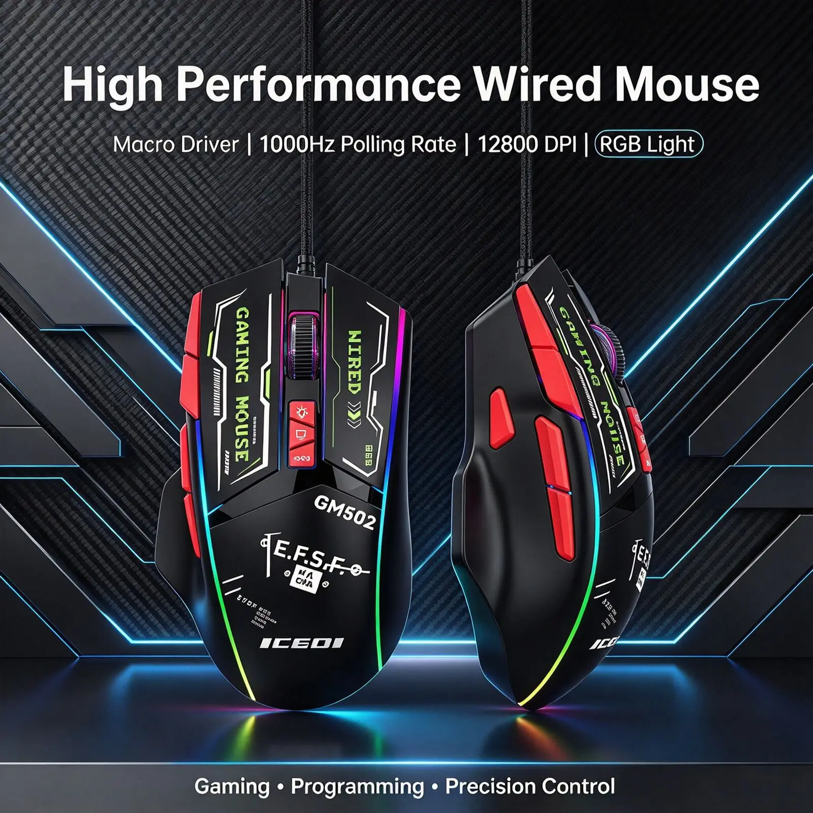 Wired Gaming Mouse 11 Buttons Macro Programmable 12800DPI Adjustable RGB Backlit Ergonomic USB Computer Mice for PC Laptop Gamer