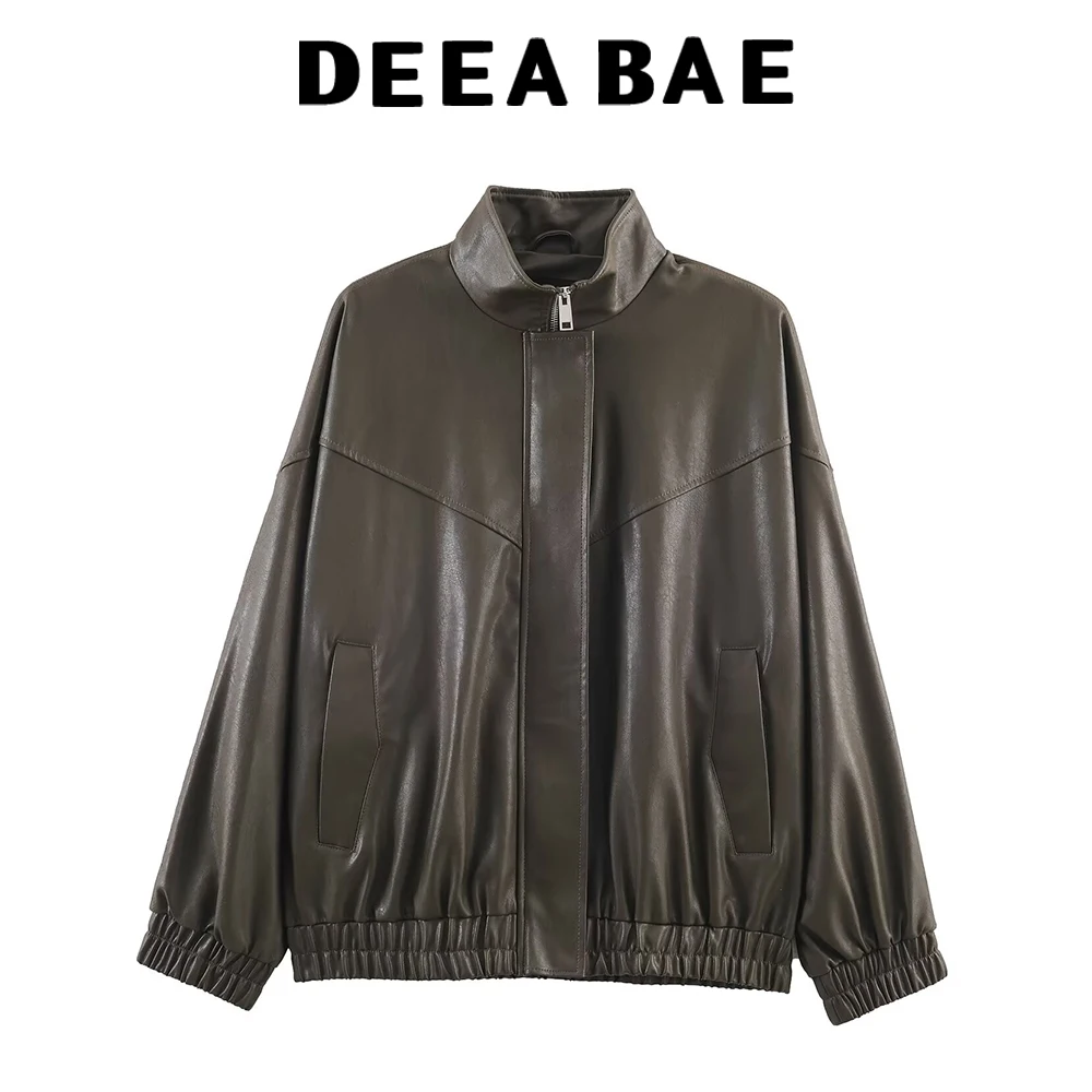 

DEEABAE Winter women's fashion casual zipper style long sleeved stand up collar PU faux leather pilot jacket jacket