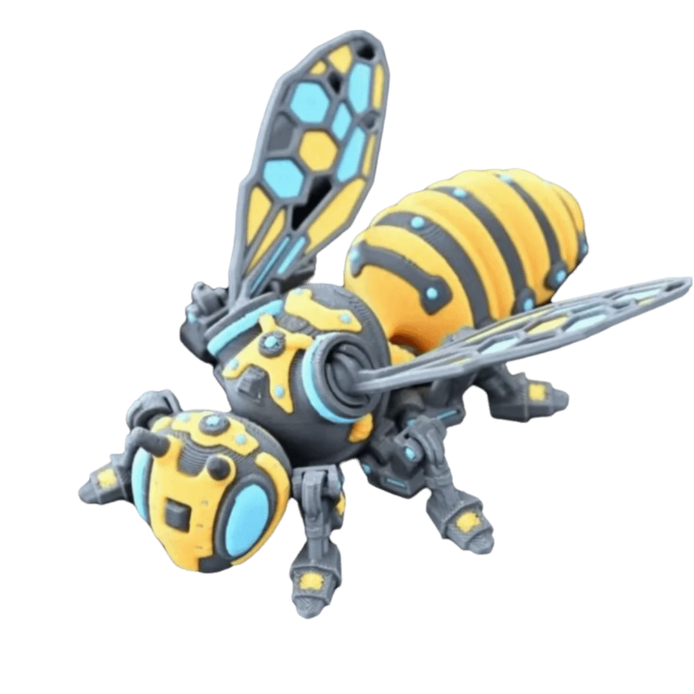 Abeja mecánica impresa en 3D, con alas desmontables, articulaciones móviles, diseño de estilo ciberpunk y apariencia de abeja articulada simulada.