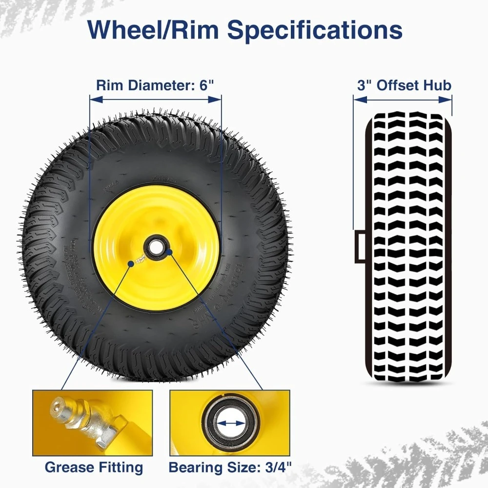 

15x6.00-6 Tubeless Lawn Mower Tire and Wheel Assembly 3/4 Bearings Offset Hub 570lbs Capacity for Riding Mowers