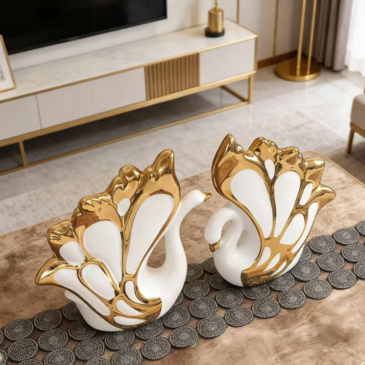 Keramisch klein zwanenpaar figuur ornament - woondecoratie voor thuis, cadeau voor geliefden, bruiloft beeldje, ambachtelijke handwerk, een paar