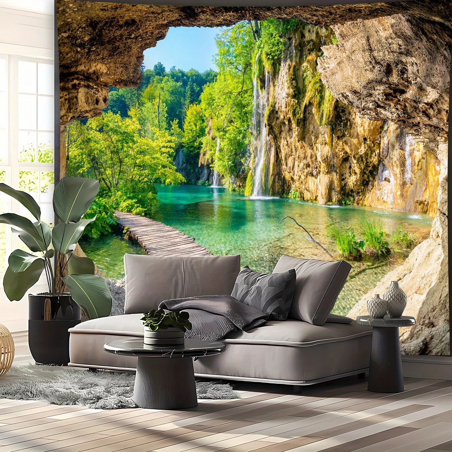 Cave Waterfall Landscape Wall Tapestry Green Lake Wooden Path Nature View 2D HD Print