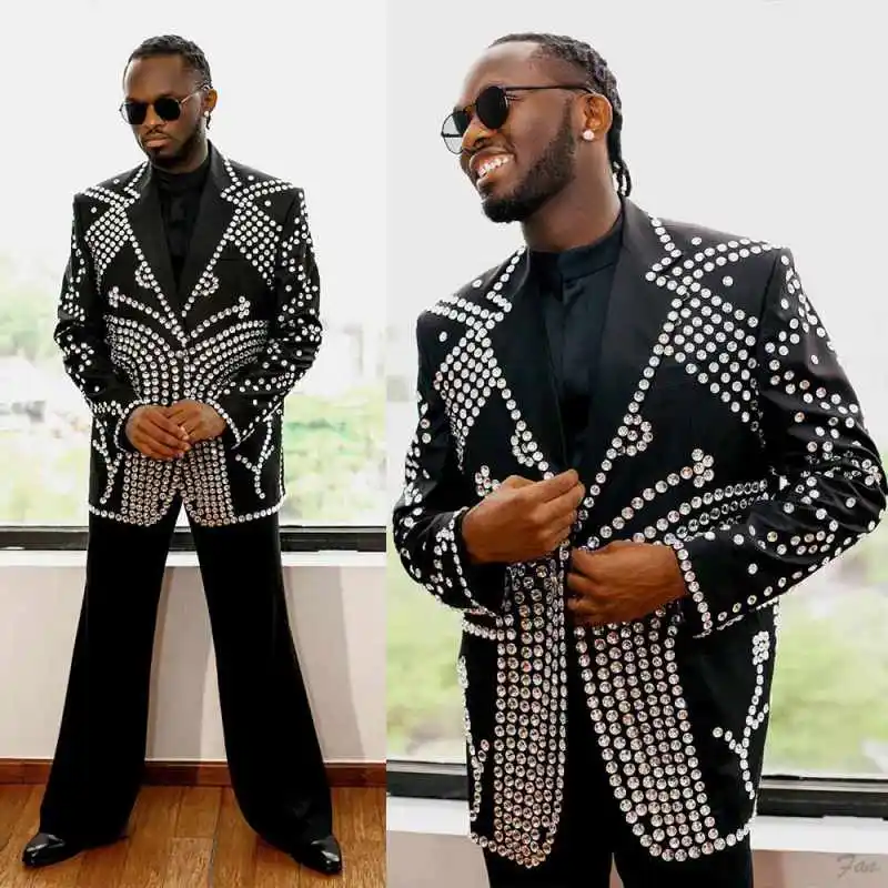 Luxurious Diamonds Men Suits Set 2 Piece Blazer Pant One Button Notch Collar Wedding Groom Tuxedo Customized Trajes Para Hombre