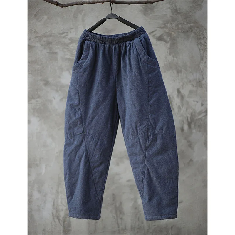 文学的な綿麻素材の秋冬用ハーレムパンツ、女性用厚手の綿ズボン、伸縮性ウエスト、暖かい足首丈パンツ