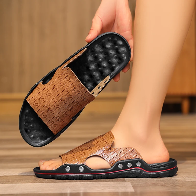 

Summer Men's Leather-textured Retro Style Solid Color Form-fitting Lightweight Soft-soled Anti-slip Casual Large-sized Sandals