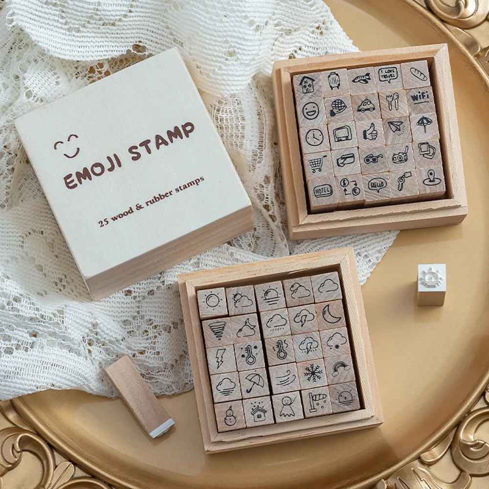 Cute Mini Wood Stamp Set for Scrapbooking Expression Weather Icon Pattern Diary Junk Journal Decor Craft Supplies Wooden Seal
