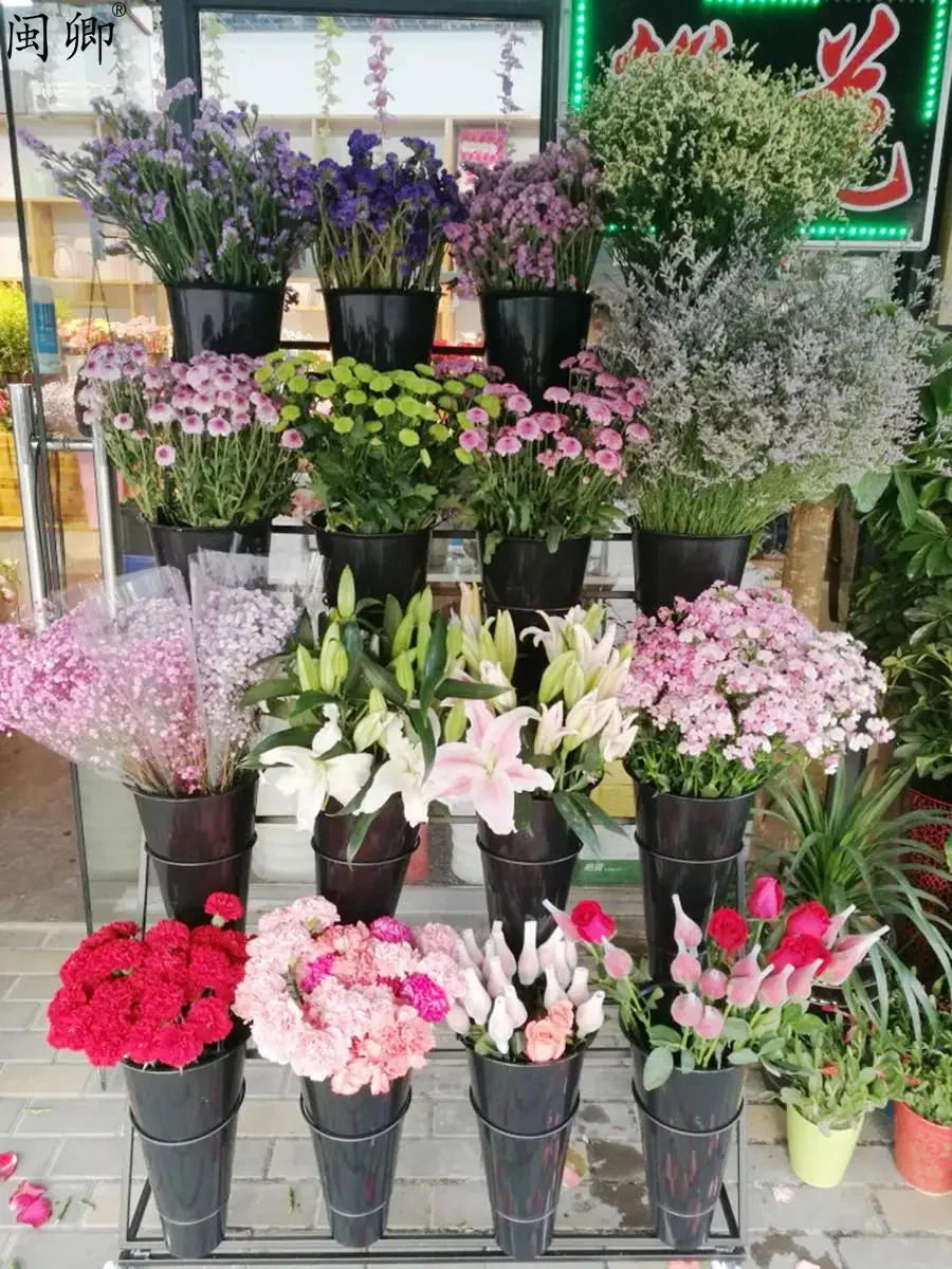 Flower shop  display rack, multi-layer stepped iron movable bucket , ded