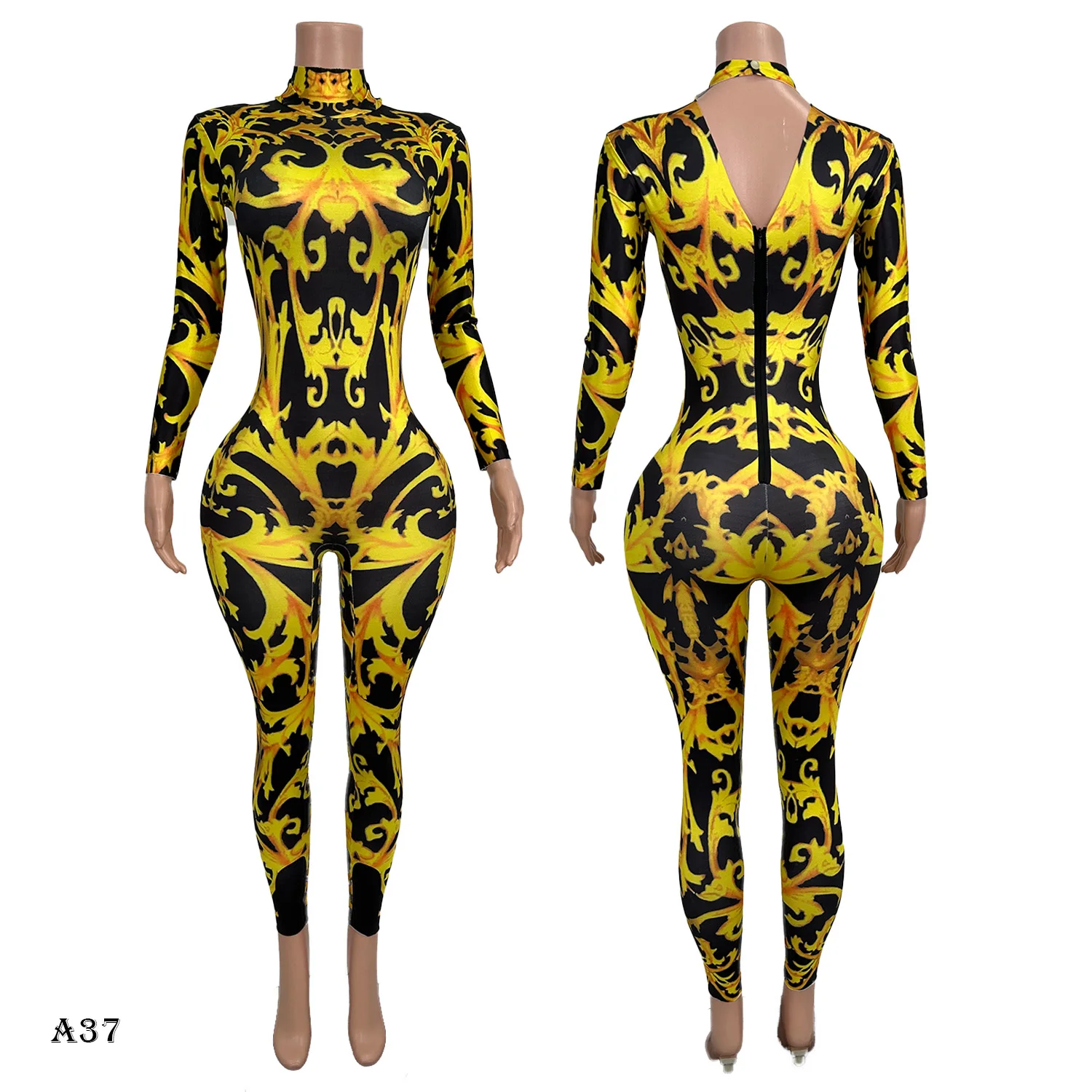 Fashion Long Sleeved Printing Jumpsuit Celebrate Night Party Stage Spandex Elastic Jumpsuit Bar Club gig Dance Show Sexy Outfit