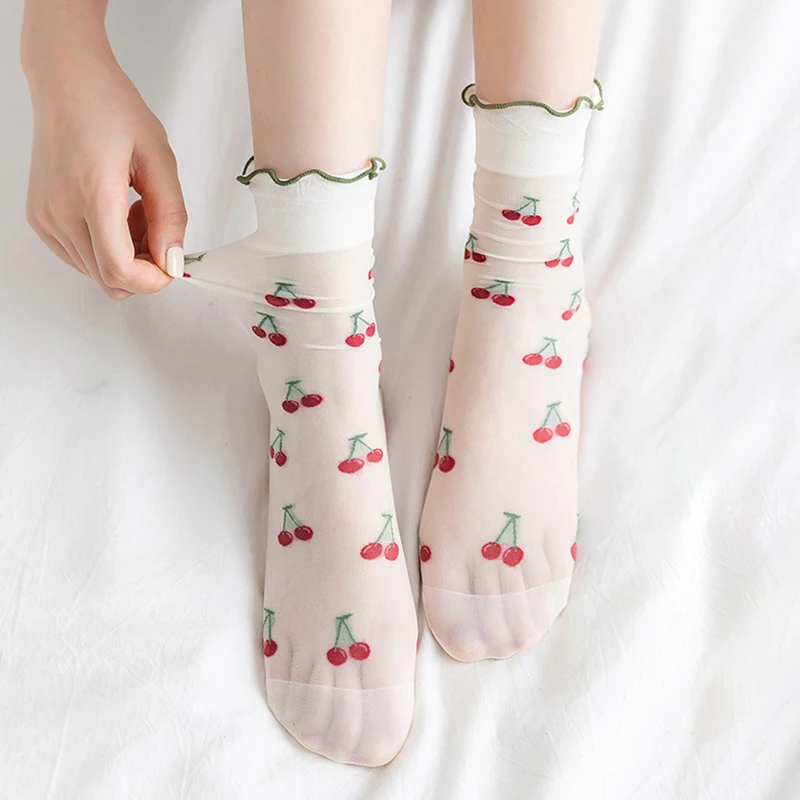 Woman's Tulle Socks Summer Transparent Fruits Floral Funny Cute Lolita Socks Silk Ultra-Thin Trendy Mesh Low Ankle Short Socks