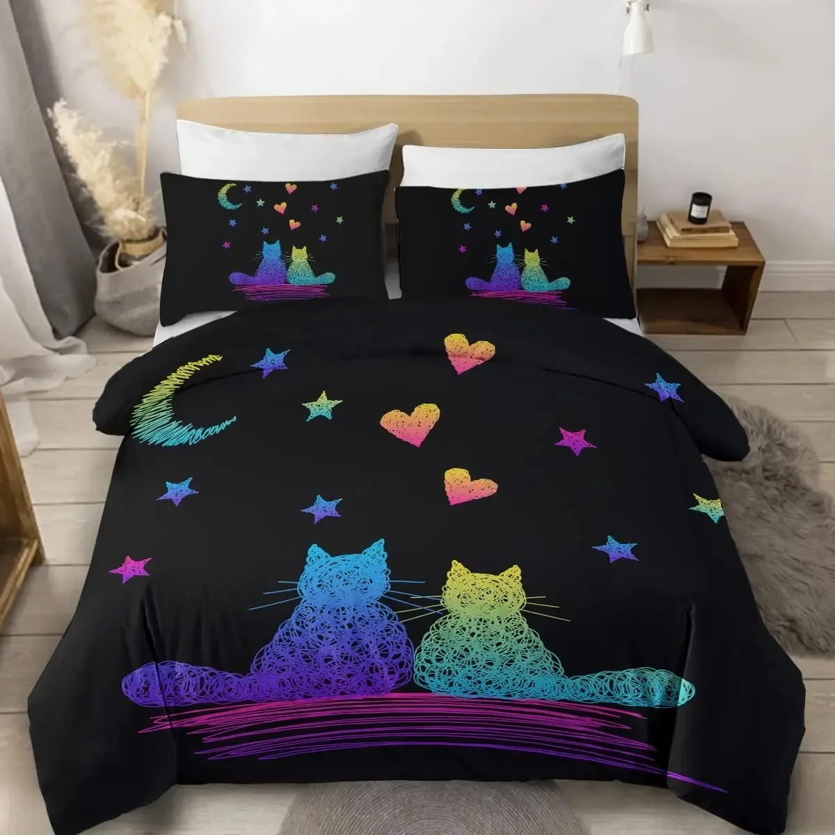Witch Black Cat Duvet Cover Set Full,Cat Sitting on Moon Bedding Set Vintage Gothic Animals Cat Comforter Cover Bed Sets
