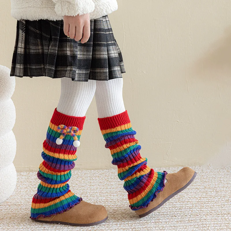 Dopamine Girls Rainbow Knit Yarn Long Slouchy Leg Warmers Vibrant Multicolor Stackable Sock Covers Comfortable Stretch Leg Cuffs