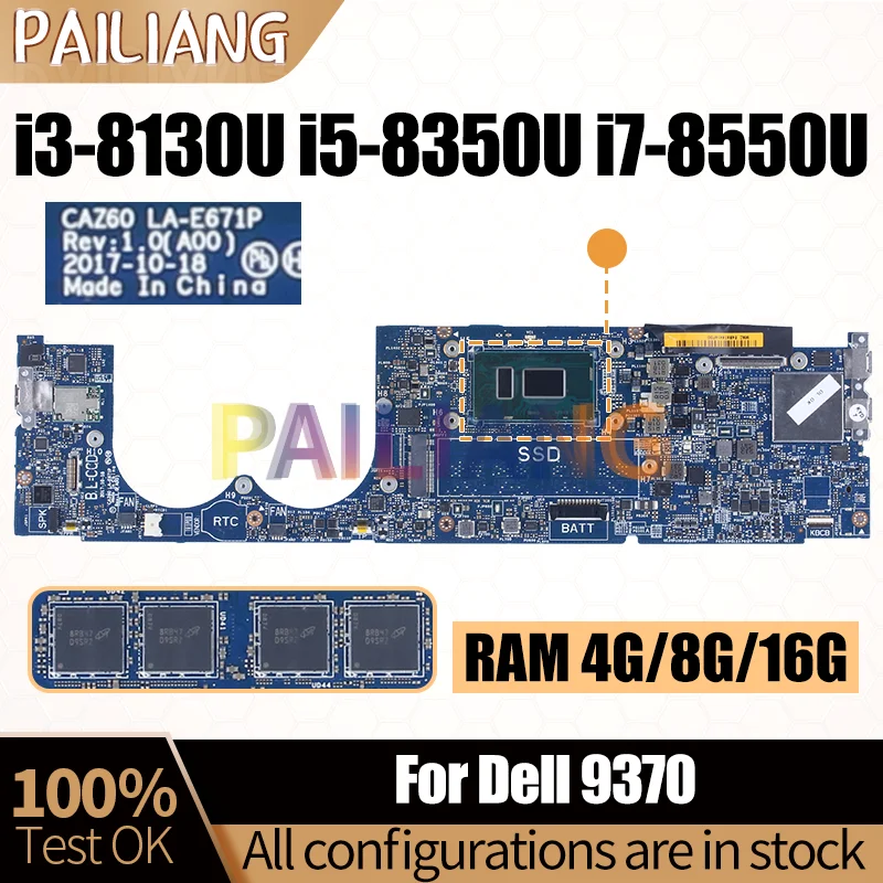 For DELL XPS 13 9370 Notebook Mainboard LA-E671P 0XNRD5 0YPVJW 0W970W 0XNRD5 I3 i5-8350U i7-8550U With RAM Laptop Motherboard